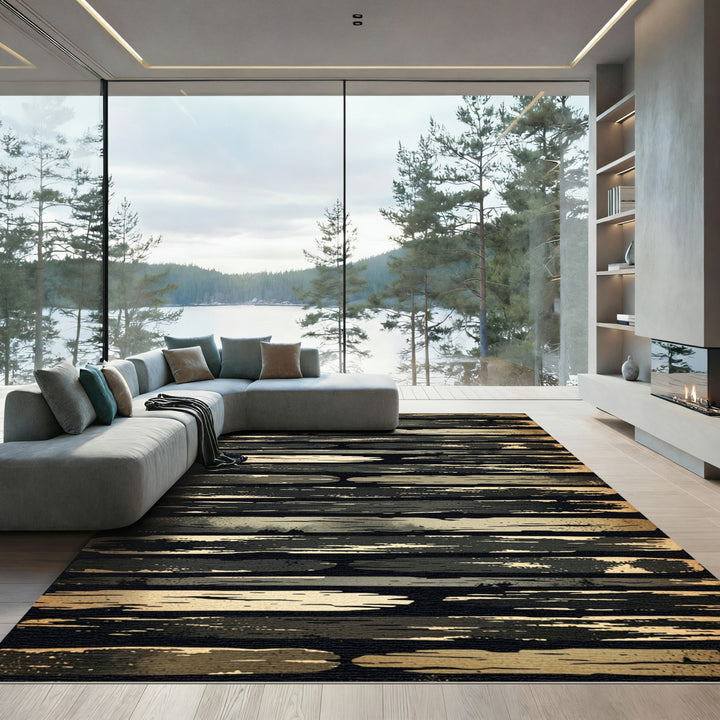 Textured Gray Gold Horizontal Stripes Rug