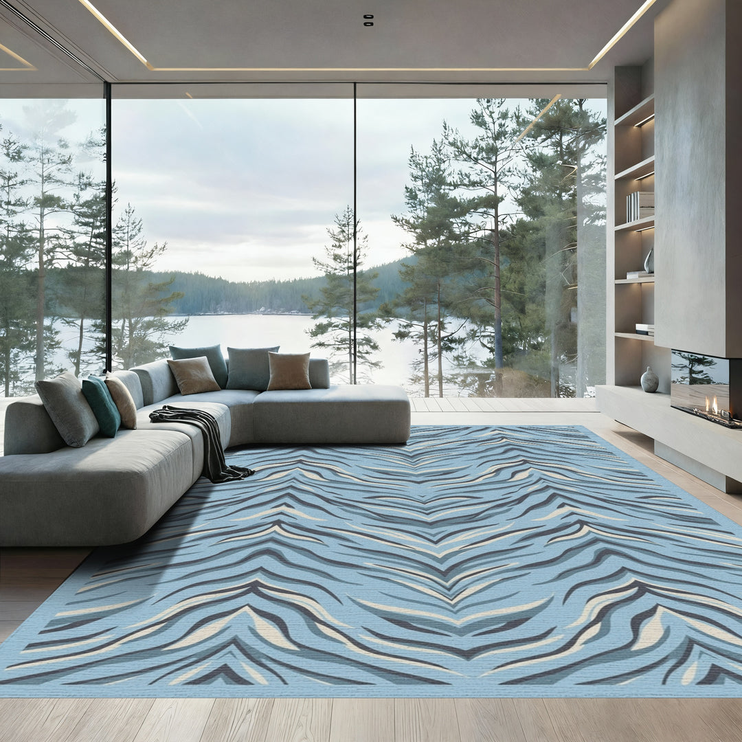Cool Blue Abstract Tiger Stripe Rug