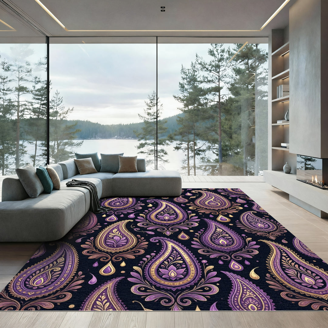 Elegant Paisley Embroidery Purple Gold Rug