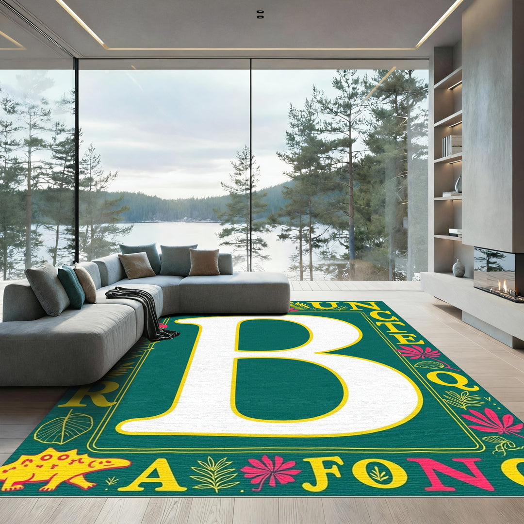 Bold Turquoise Botanical Letter B Rug