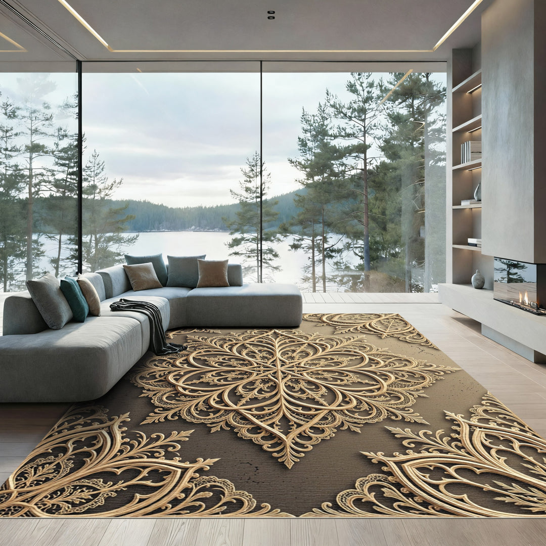Ornate Golden Arabesque Lace Rug