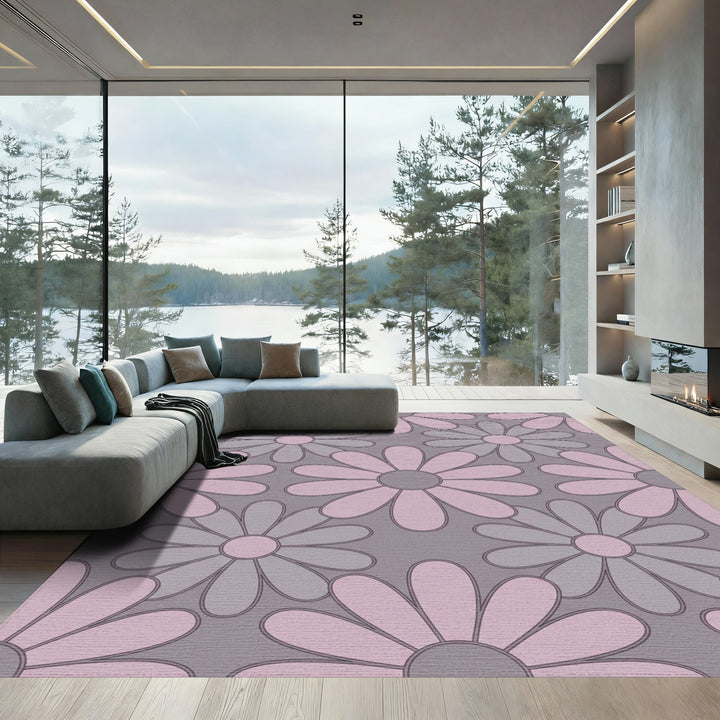 Retro Floral Pink and Gray Daisy Rug