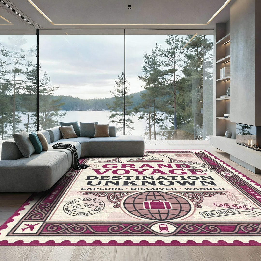 Vintage Burgundy Ship Globe Stamp Rug