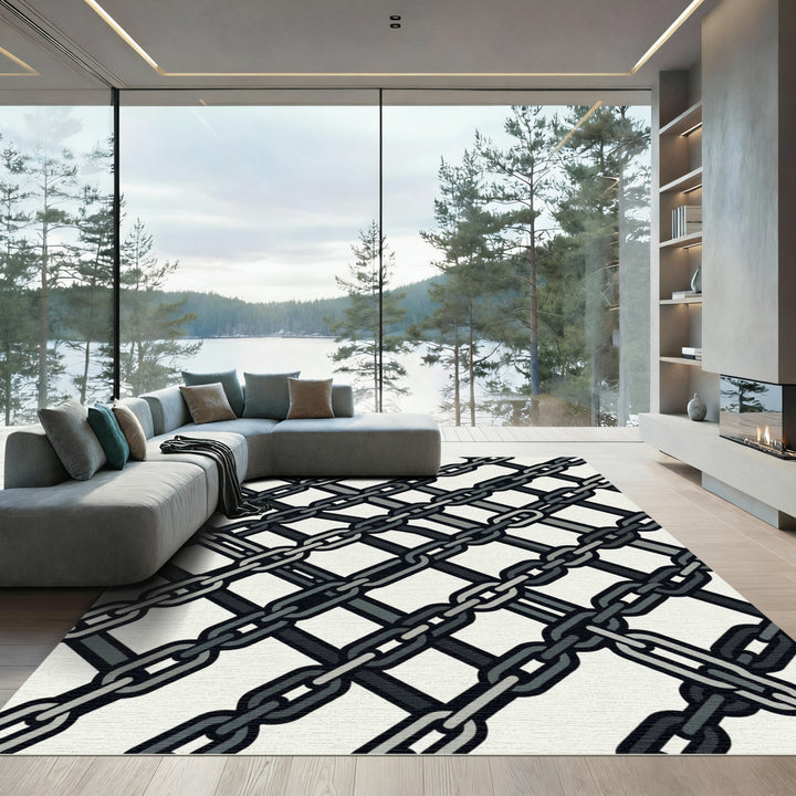 Interlocking Gray Chain Geometric Rug