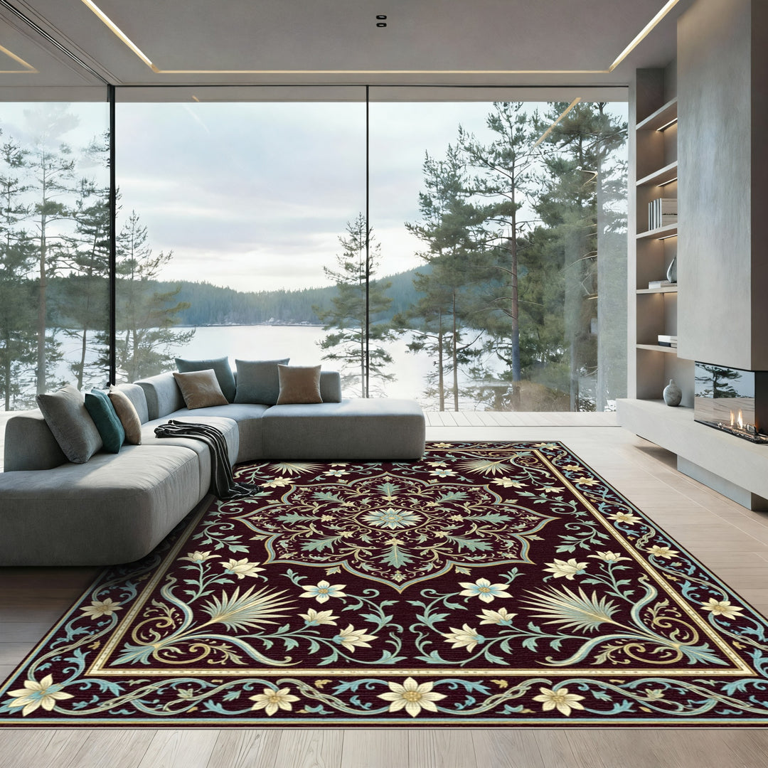 Elegant Cream Blue Floral Medallion Rug