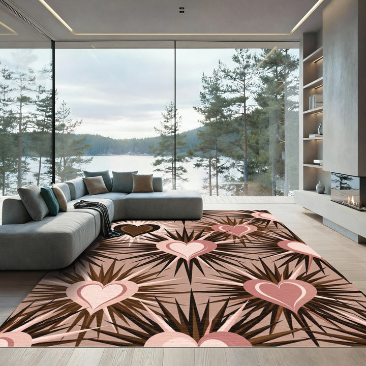 Pink Brown Heart Burst Rug