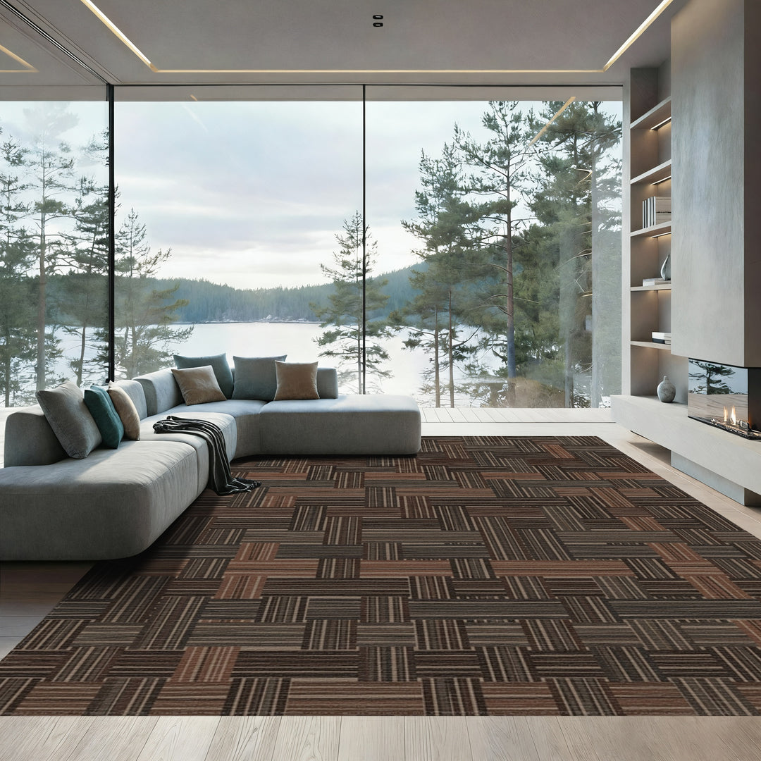 Textured Brown Interlocking Rectangles Rug