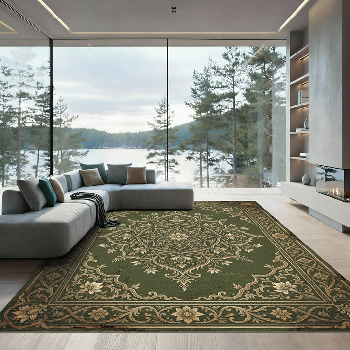 Ornate Emerald Floral Mandala Rug