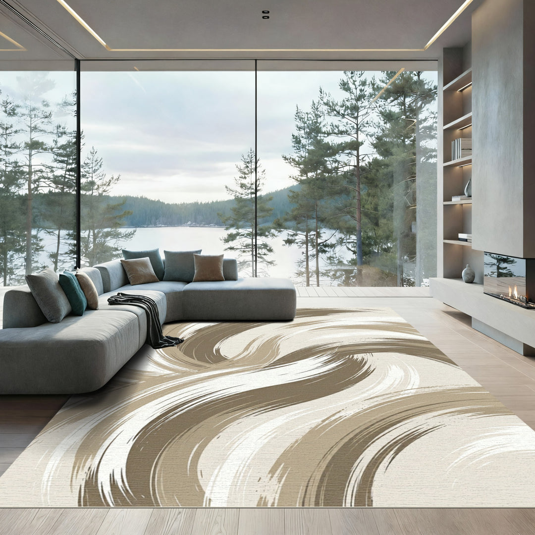 Neutral Swirl Abstract Brushstroke Rug
