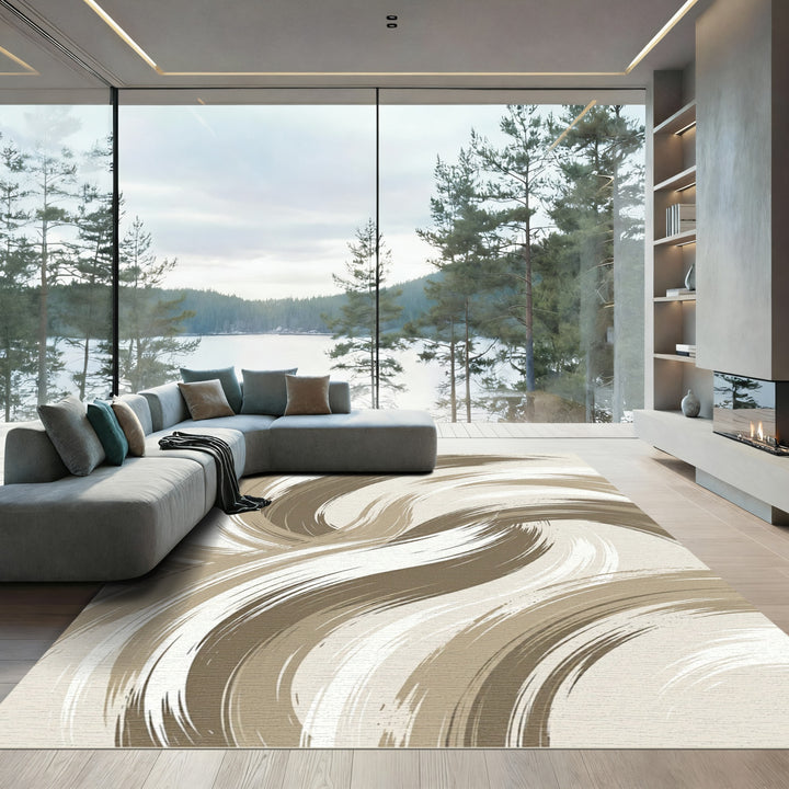 Neutral Swirl Abstract Brushstroke Rug