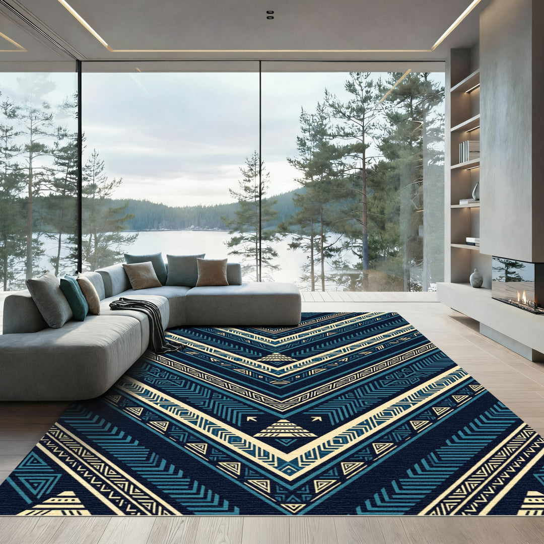 Navy Blue Geometric Aztec Chevron Rug