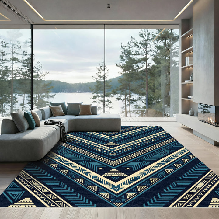 Navy Blue Geometric Aztec Chevron Rug