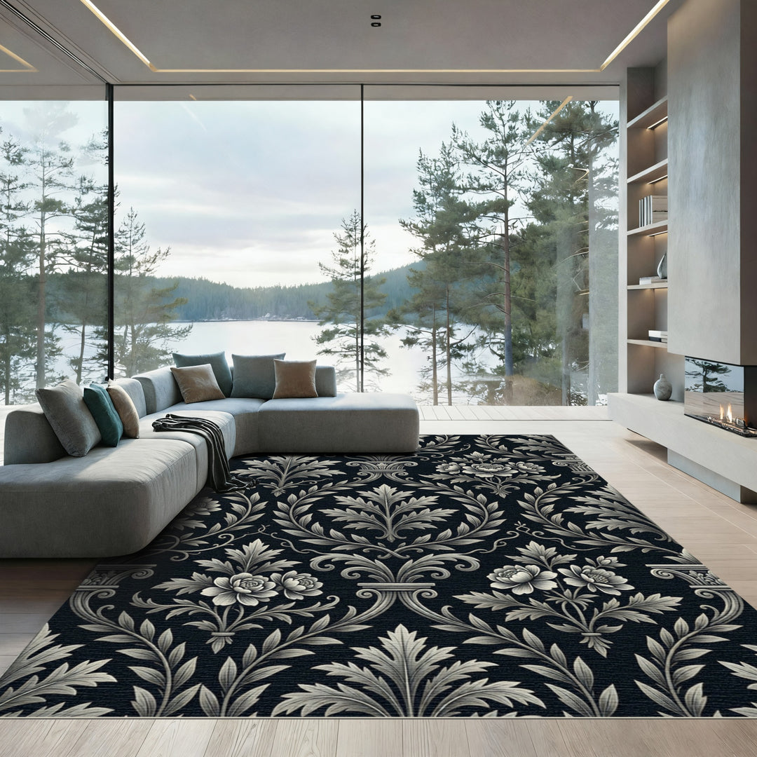 Ornate Floral Scrollwork Black Beige Rug