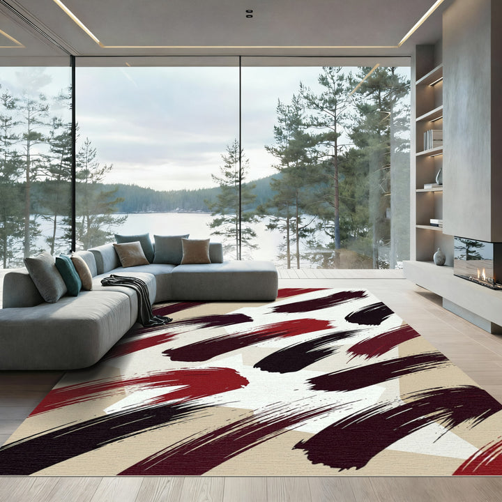 Abstract Brushstroke Crimson and Beige Rug