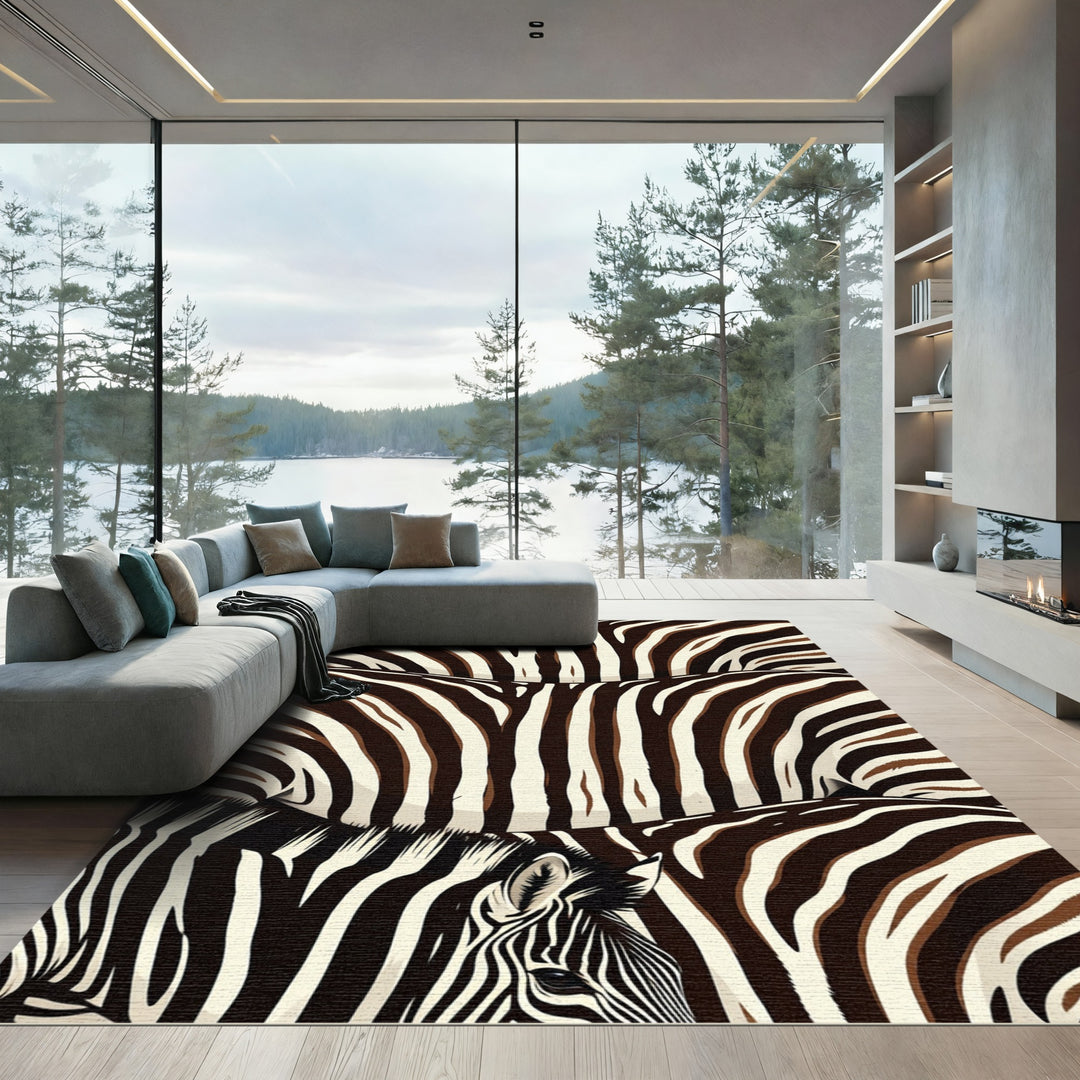Abstract Brown White Zebra Stripe Accents Rug