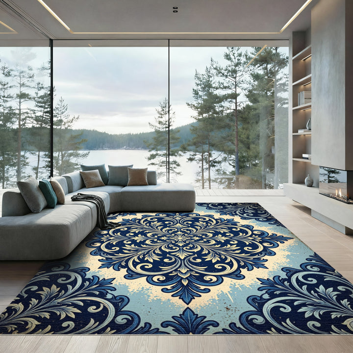 Elegant Navy Blue Damask Medallion Rug