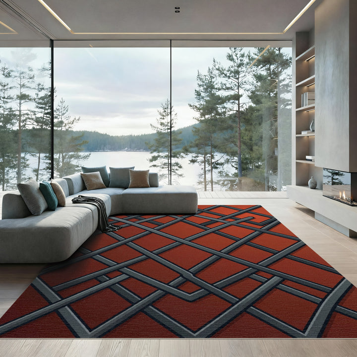 Deep Red Interlocking Geometric Lines Rug