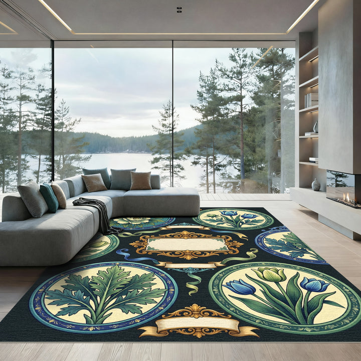 Ornate Blue Green Floral Medallion Rug