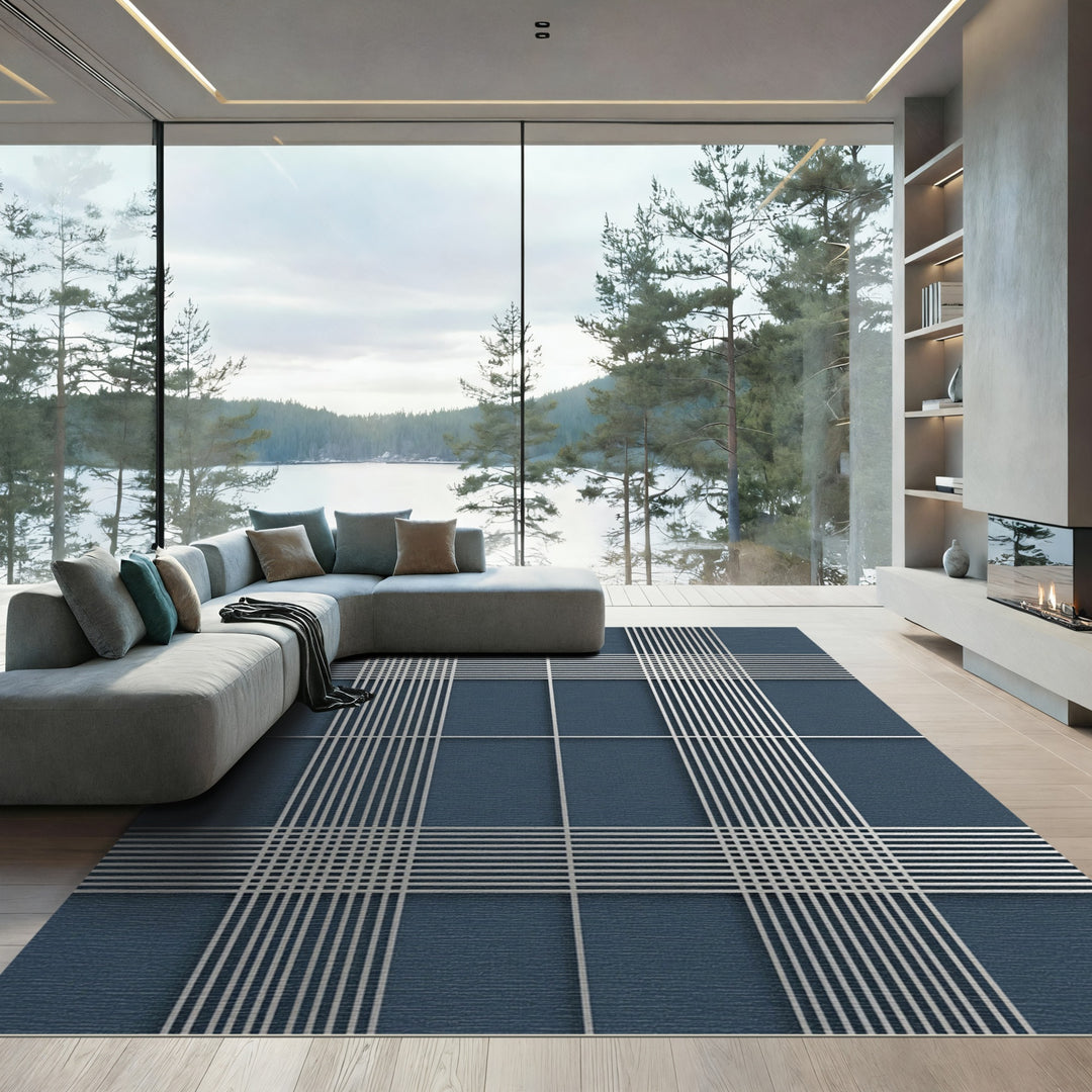 Deep Blue Silver Lines Tartan Rug