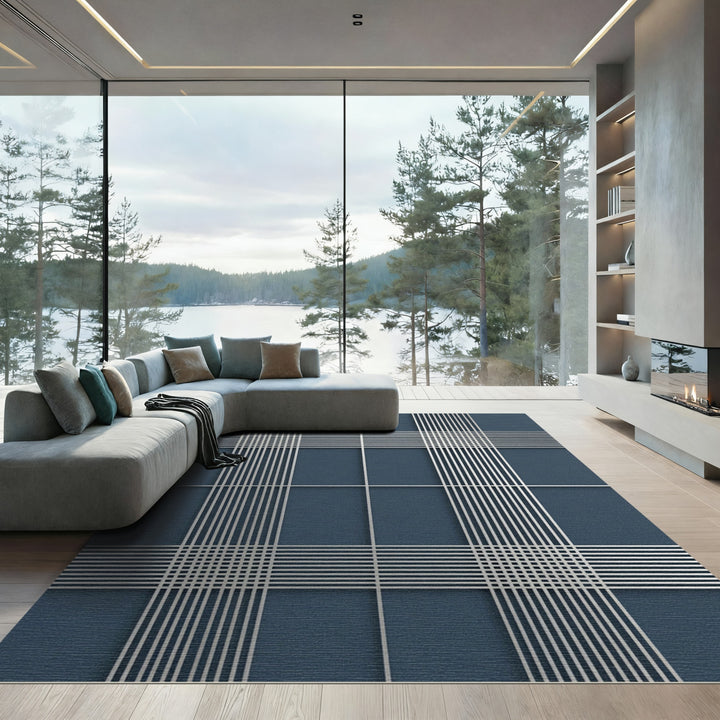Deep Blue Silver Lines Tartan Rug