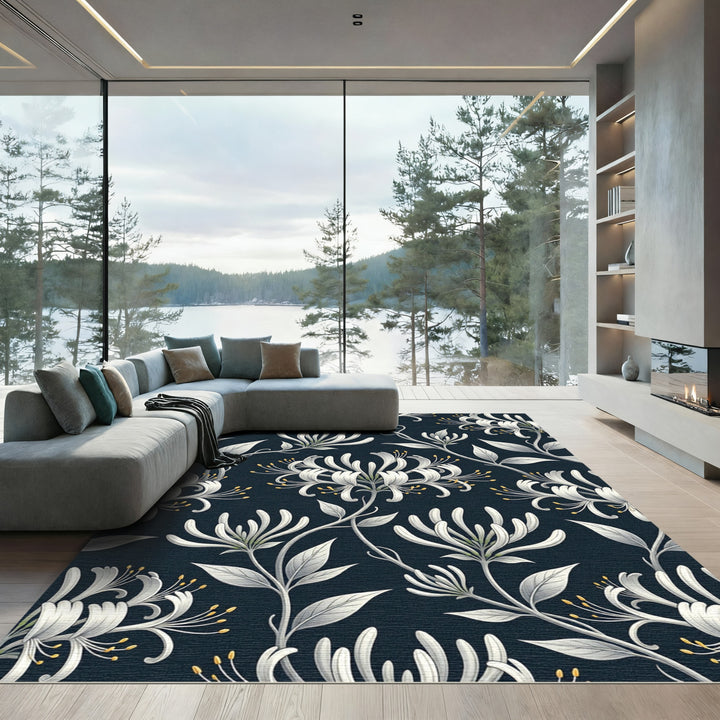 Elegant White Honeysuckle Dark Floral Rug