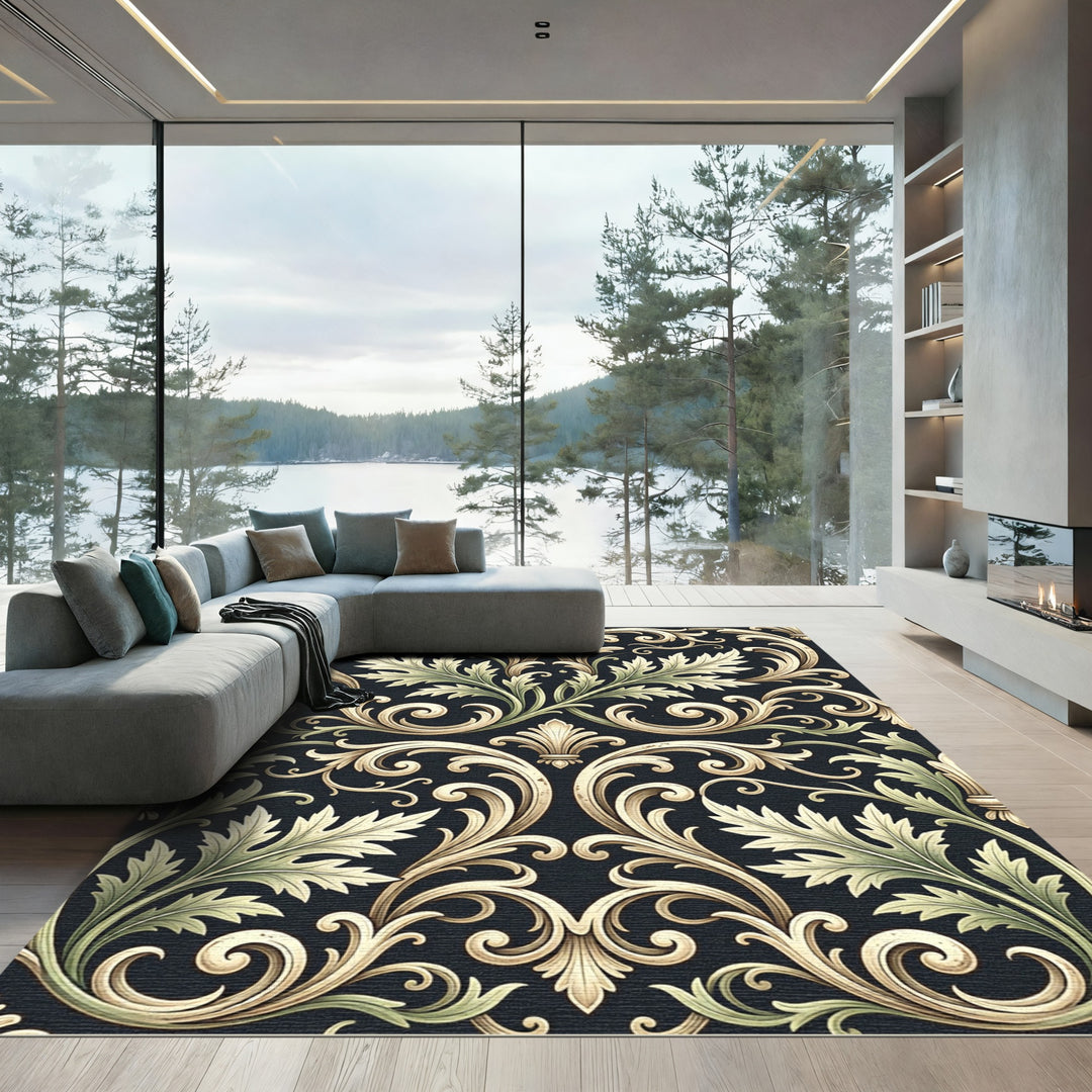Elegant Golden Leaf Scroll Rug