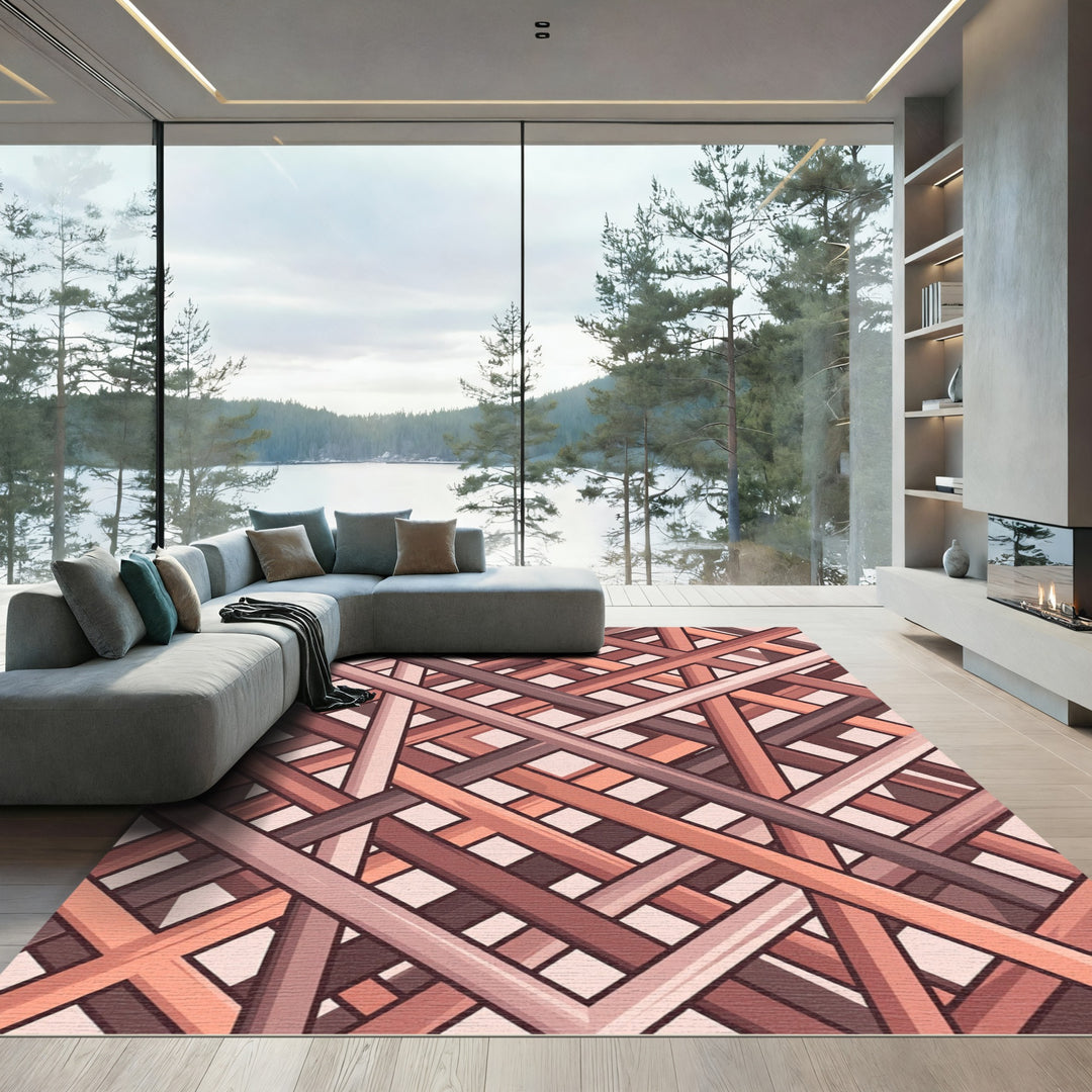 Crimson Weave Overlay Geometric Rug
