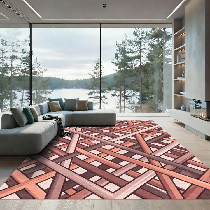Crimson Weave Overlay Geometric Rug