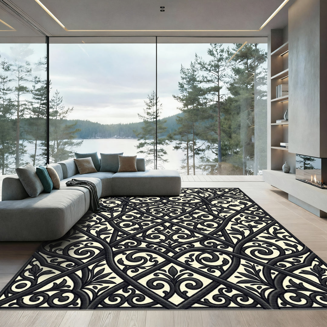 Black Cream Interlaced Arabesque Foliage Rug
