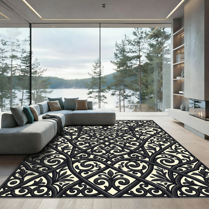 Black Cream Interlaced Arabesque Foliage Rug