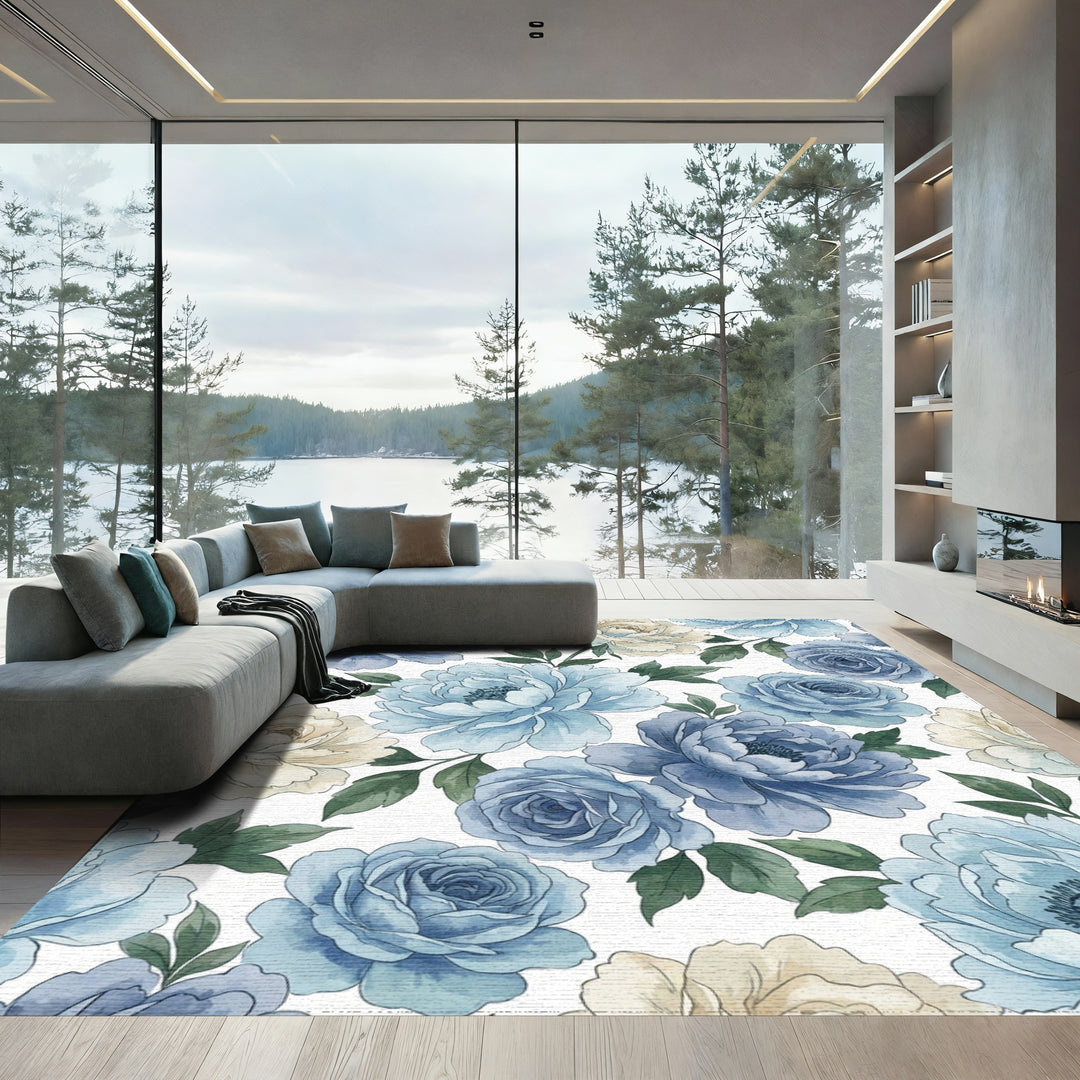 Serene Blue Cream Floral Watercolor Blossoms Rug