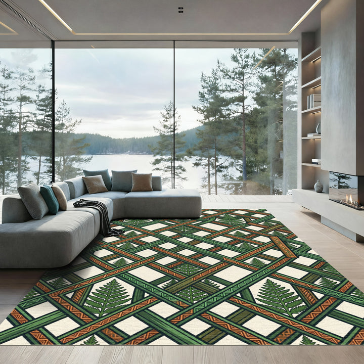 Emerald Lattice Fern Pattern Rug