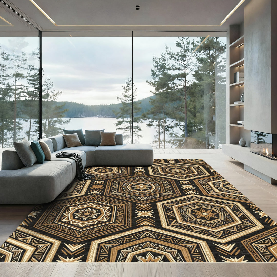 Gold Geometric Starburst Hexagon Rug