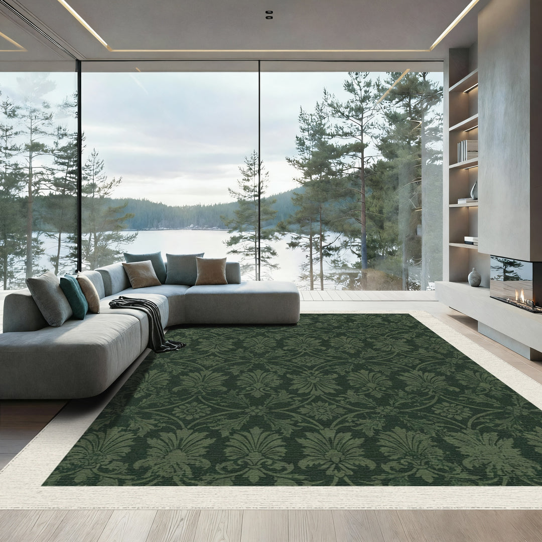 Deep Forest Crested Floral Damask Rug
