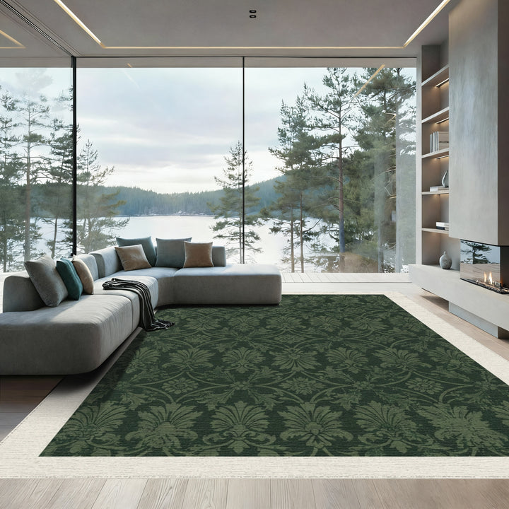 Deep Forest Crested Floral Damask Rug
