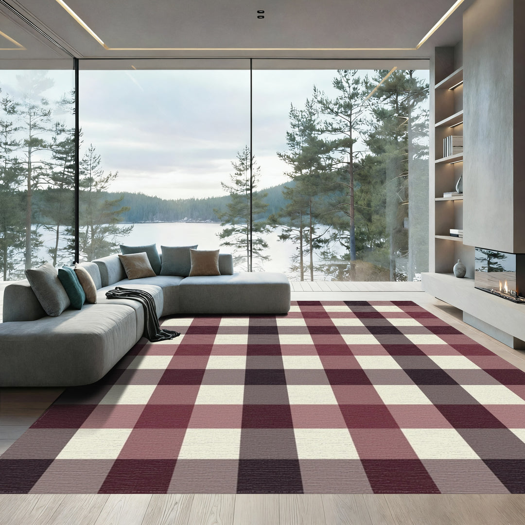 Deep Burgundy Cream Buffalo Check Rug