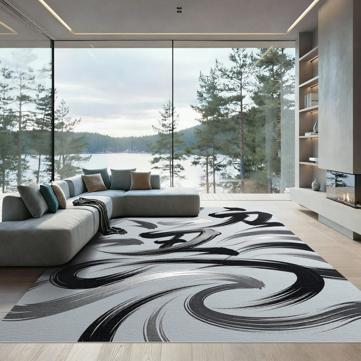 Modern Black Silver Brushstroke Rug