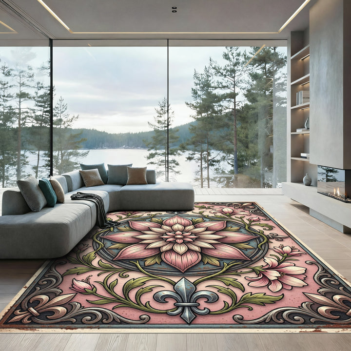 Pink Floral Medallion With Fleur De Lis Rug