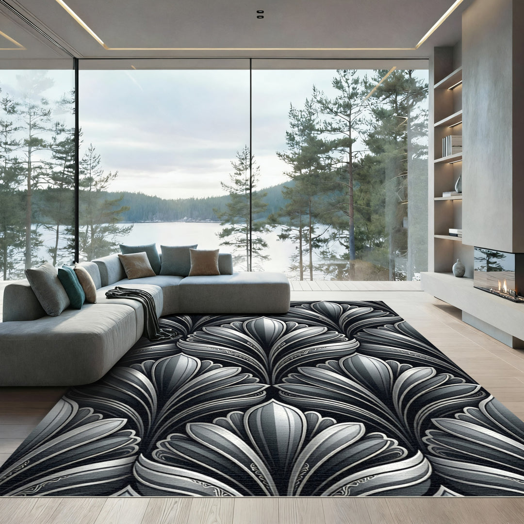 Art Deco Gray Floral Shell Rug