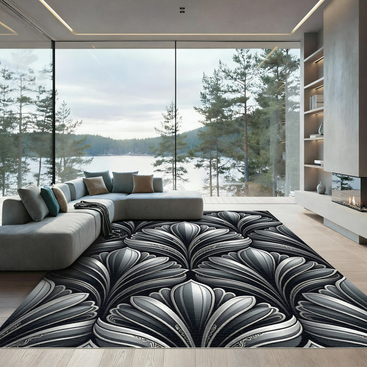 Art Deco Gray Floral Shell Rug