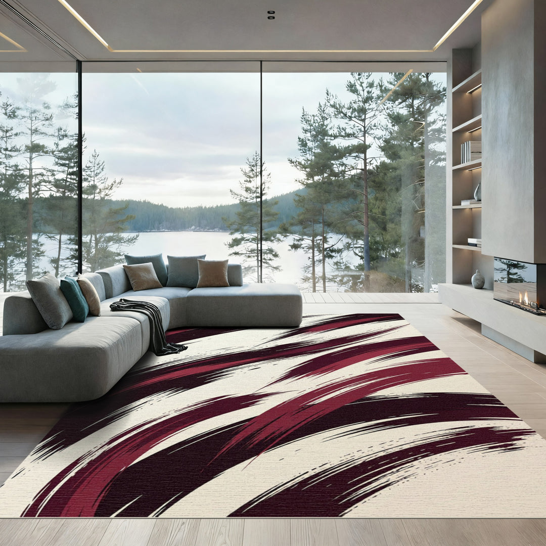 Elegant Burgundy Brushstroke Abstract Rug