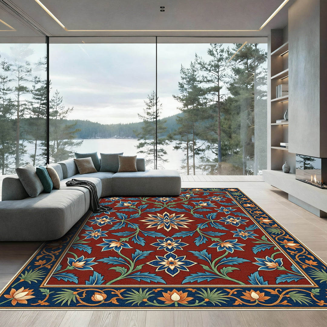 Crimson Bloom Floral Border Rug