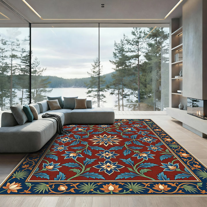 Crimson Bloom Floral Border Rug