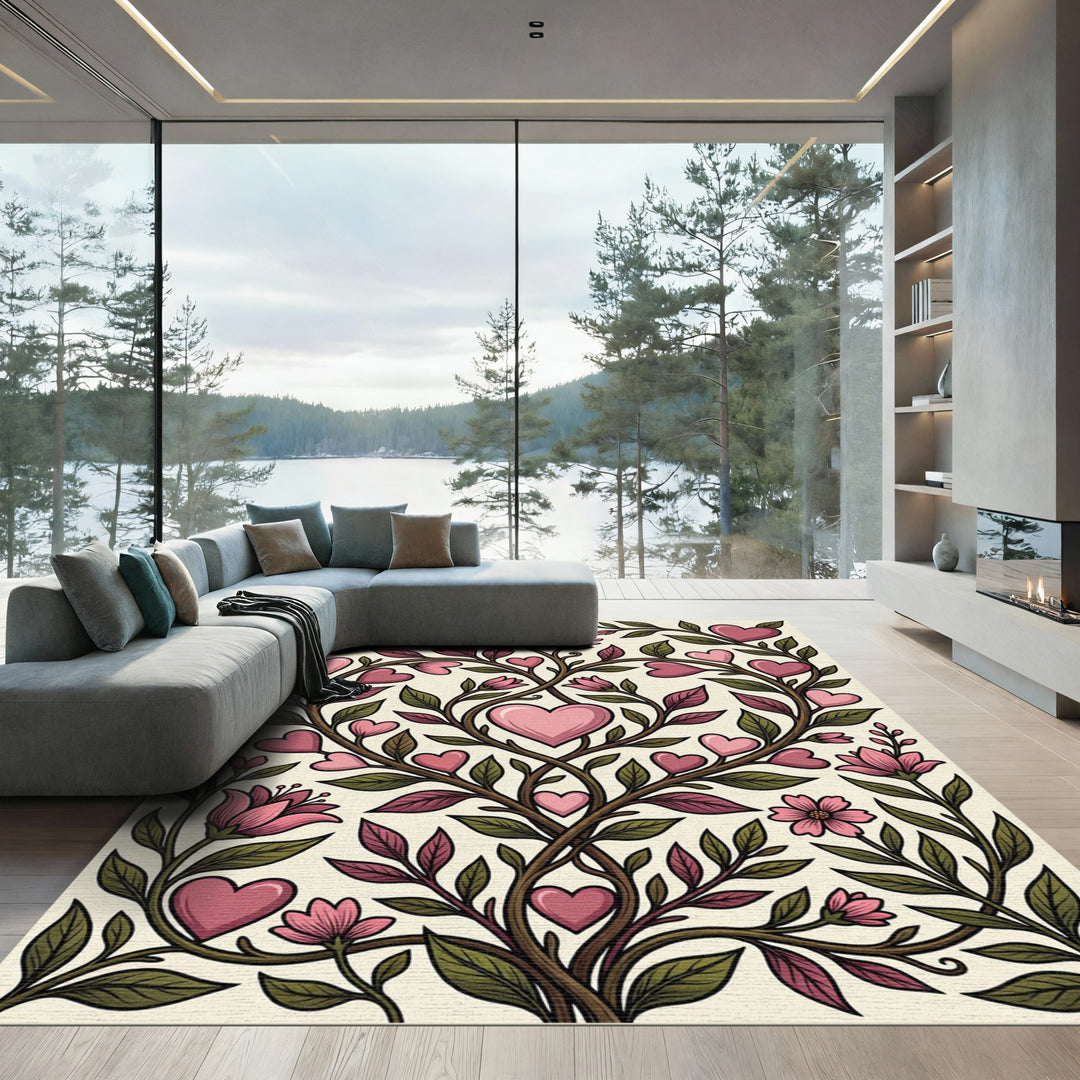 Pink Hearts Branch Blossoms Rug