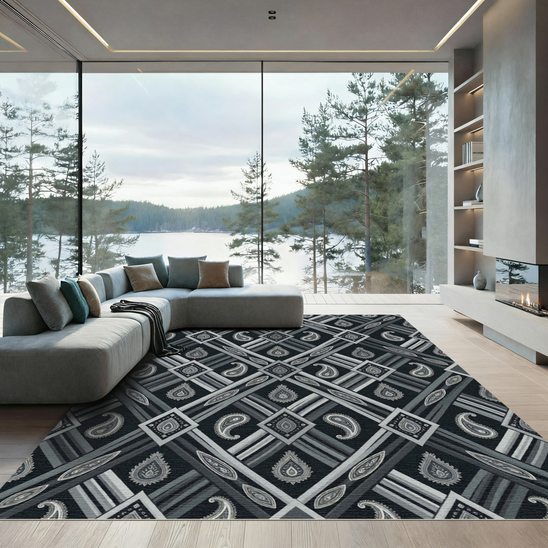 Grayscale Abstract Paisley Diamond Rug