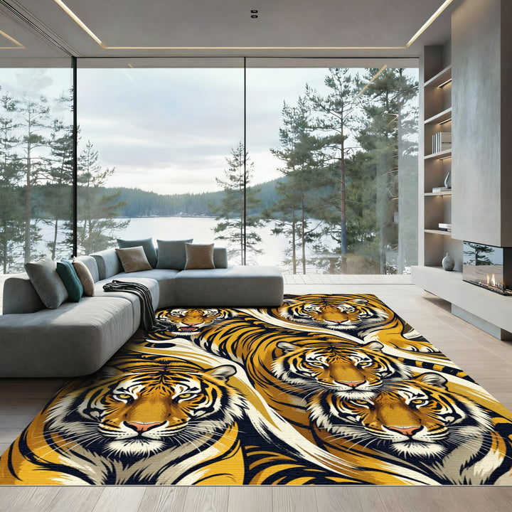 Golden Tiger Faces With Striped Texture Rug