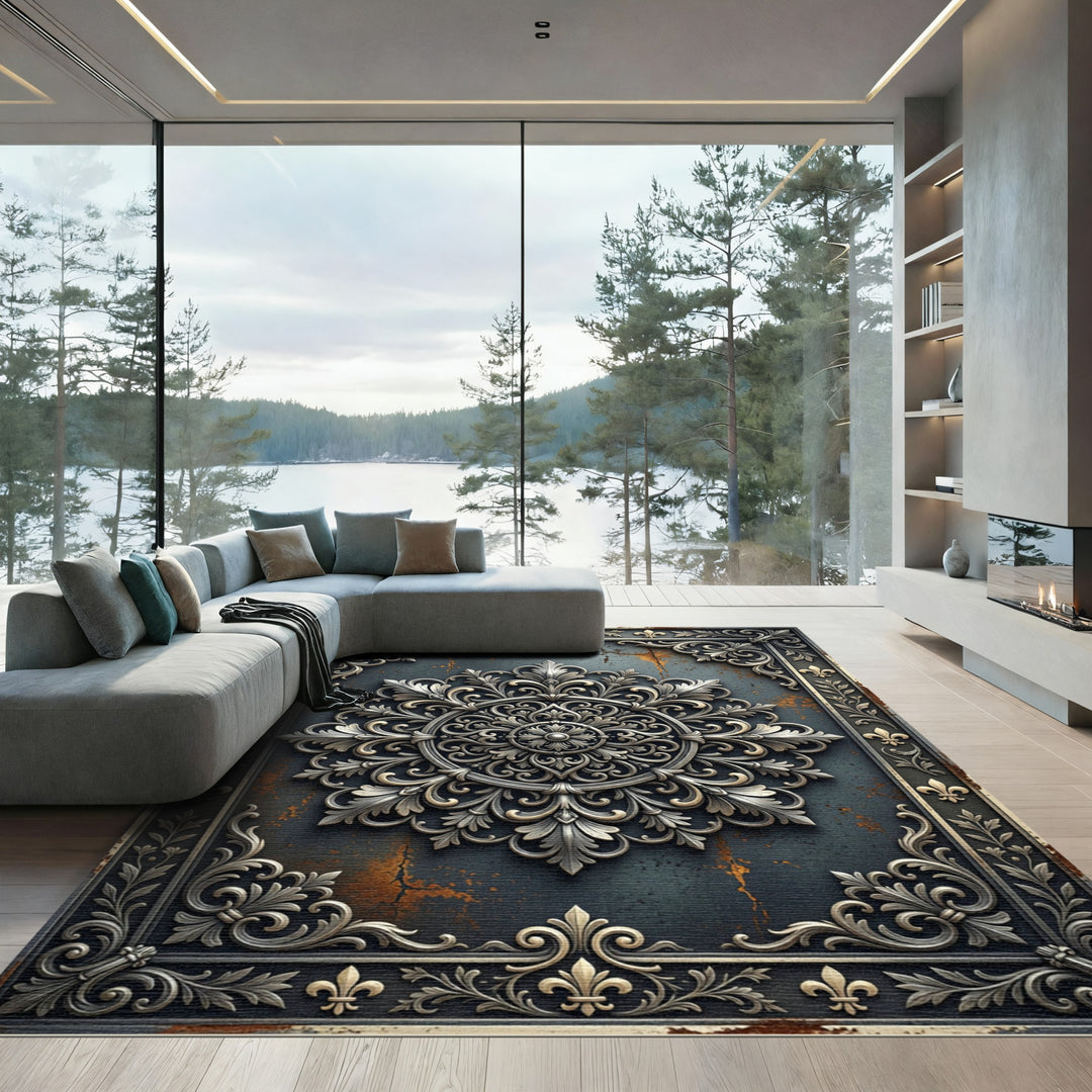 Ornate Silver Medallion On Distressed Surface Rug