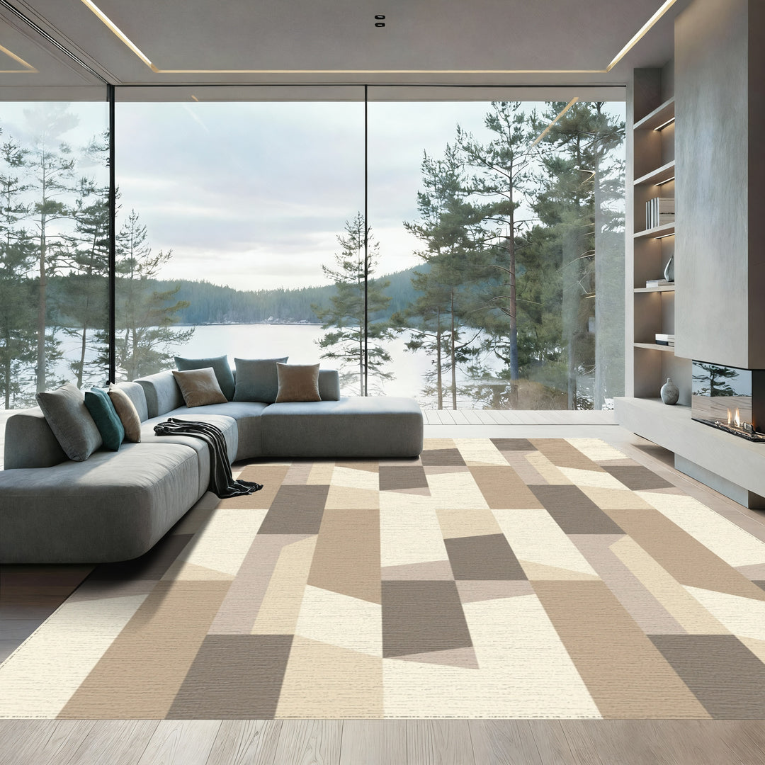 Geometric Beige Wood Block Facade Rug