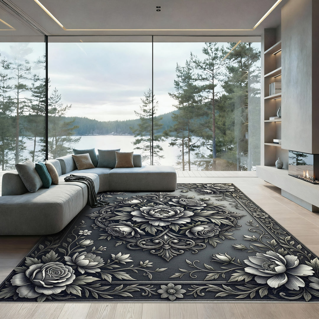 Elegant Monochrome Floral Ornament Rug