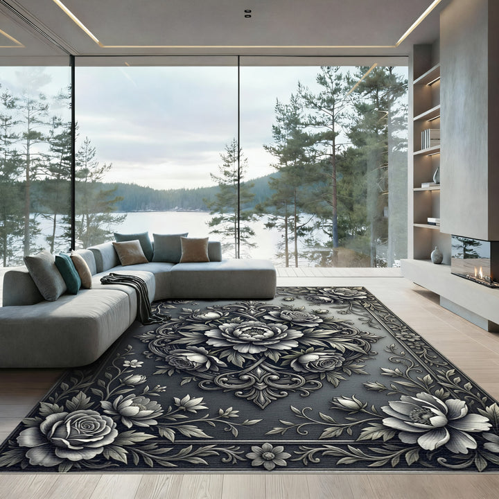 Elegant Monochrome Floral Ornament Rug